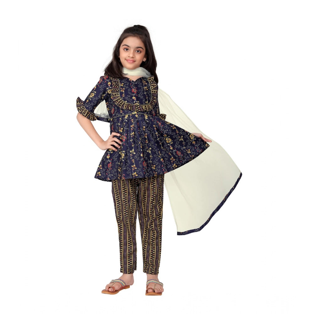 Dark blue cotton printed kurti & dupatta set with V-neck & 3/4 sleeves, Indian ethnic wear for girls