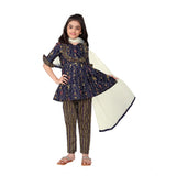 Dark blue cotton printed kurti & dupatta set with V-neck & 3/4 sleeves, Indian ethnic wear for girls