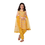 Yellow cotton printed kurti set with bottom dupatta, sleeveless, round neck design for girls' traditional Indian wear