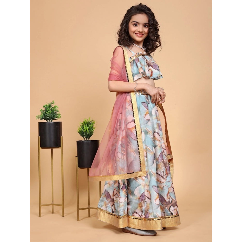 Blue chiffon printed lehenga choli set for girls, sleeveless off-shoulder design