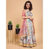 Blue chiffon printed lehenga choli set for girls, sleeveless off-shoulder design