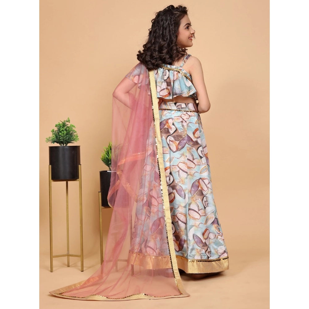 Blue chiffon printed lehenga choli set for girls, sleeveless off-shoulder design, vibrant patterns on display