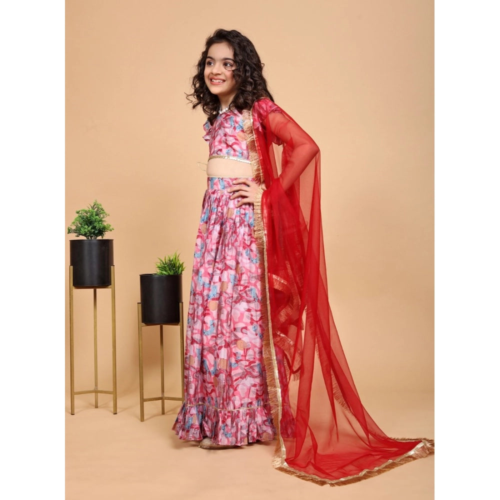 Pink chiffon printed lehenga-choli set for girls, sleeveless with round neck, party wear on mannequin