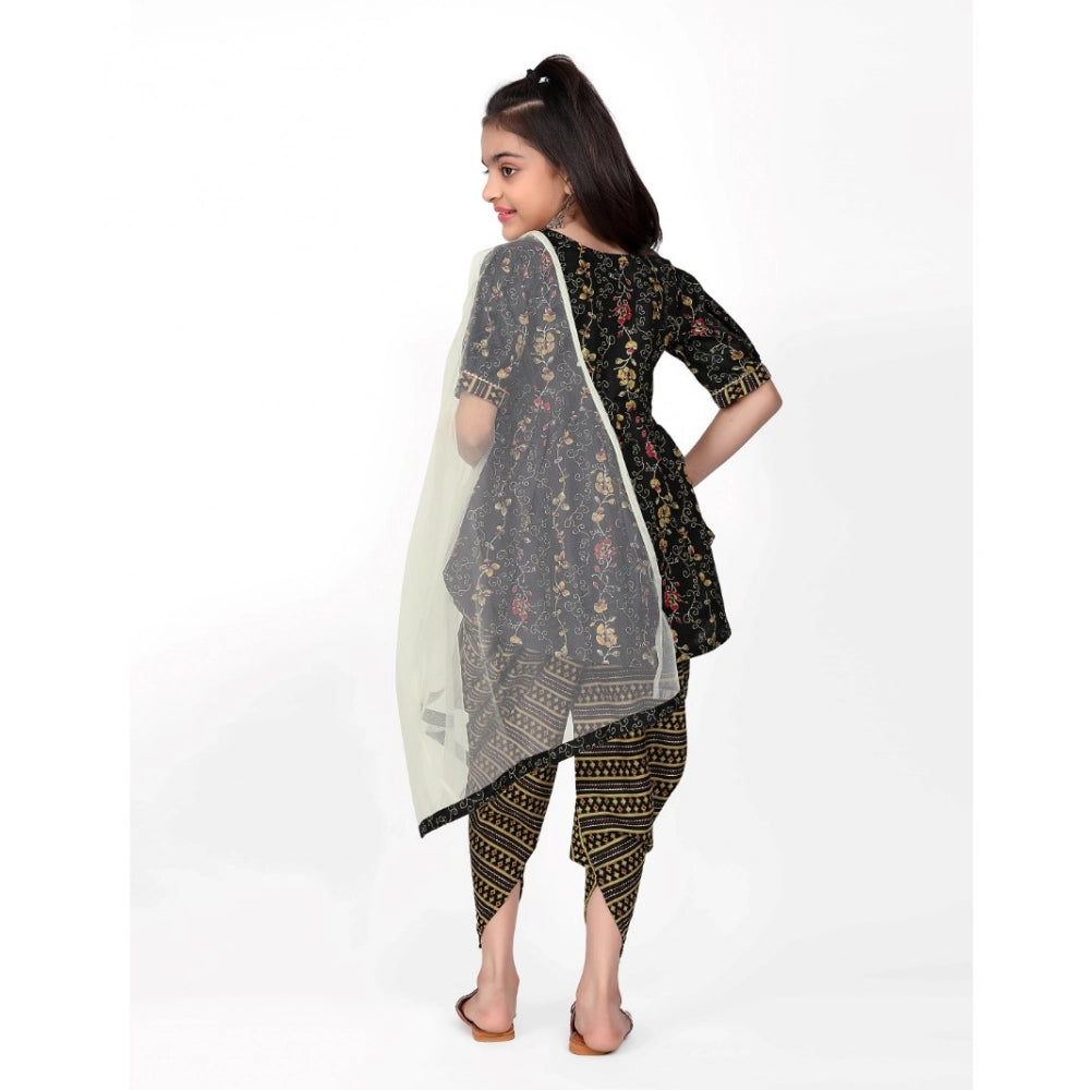 Black cotton printed kurti set with dhoti dupatta, half sleeve round neck style for girls' traditional Indian wear
