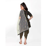 Black cotton printed kurti set with dhoti dupatta, half sleeve round neck style for girls' traditional Indian wear