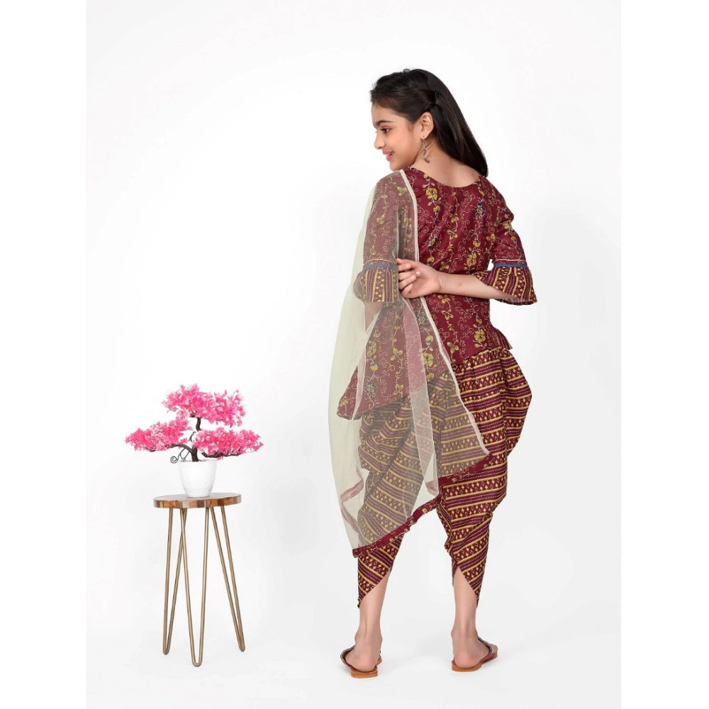 Maroon cotton printed kurti set with dhoti dupatta, 3-4th sleeve, round neck style for girls fashion