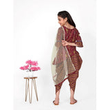 Maroon cotton printed kurti set with dhoti dupatta, 3-4th sleeve, round neck style for girls fashion