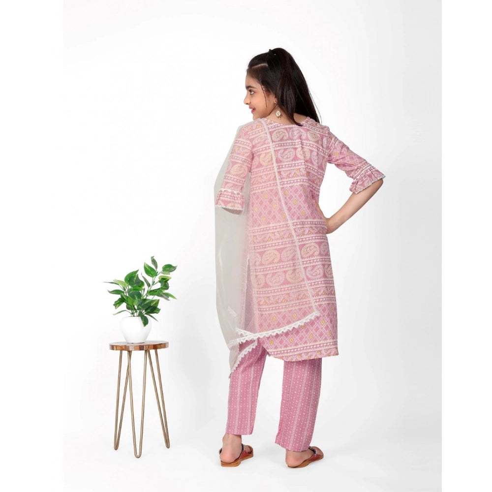 Baby Pink cotton printed kurti set with bottom dupatta, 3-4th sleeve round neck design for girls' festive wear