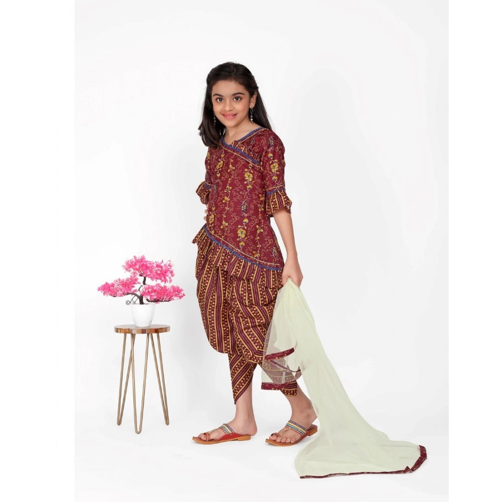 Maroon cotton printed kurti set with dhoti dupatta, three-fourth sleeve, round neck design for girls' traditional Indian wear