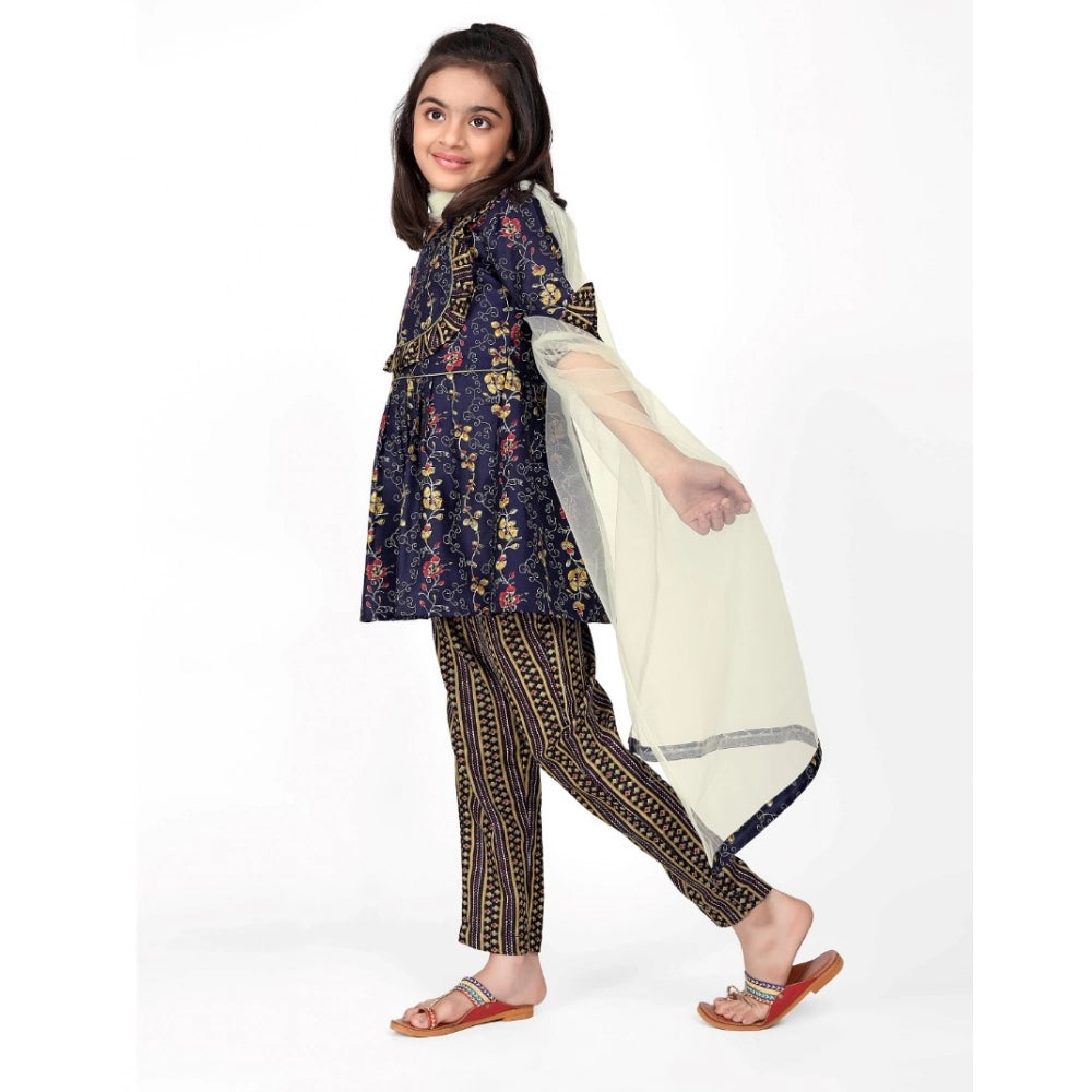 Dark blue cotton printed kurti & dupatta set with V-neck and 3/4 sleeves, intricate patterns on both pieces