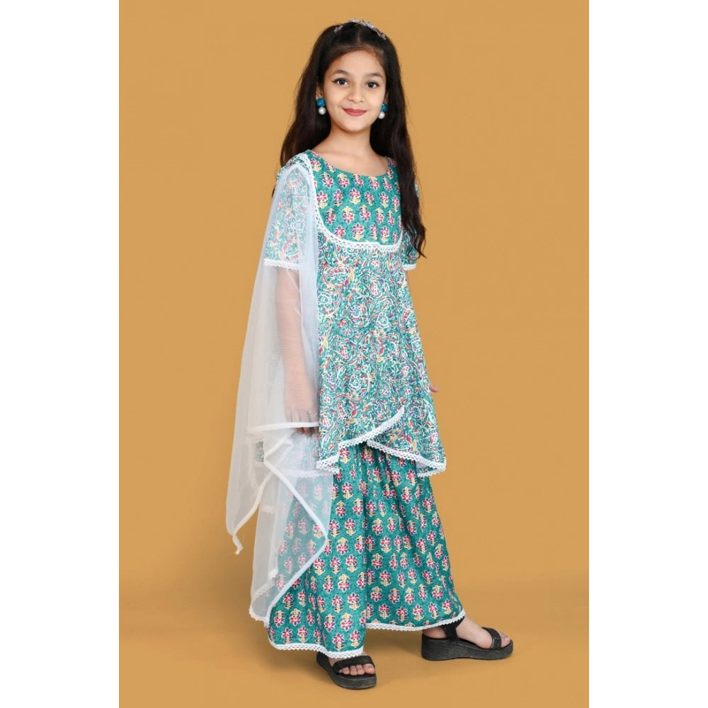 Teal silk blend floral printed shiffli lace top sharara & dupatta set, half sleeve, round neck
