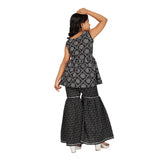 Black cotton rayon printed girl's top & sharara set, sleeveless V-neck with intricate print design