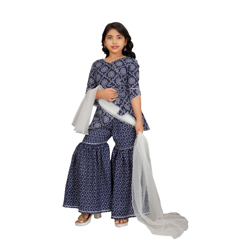 Blue cotton rayon printed top and sharara set with v-neck and 3/4 sleeves