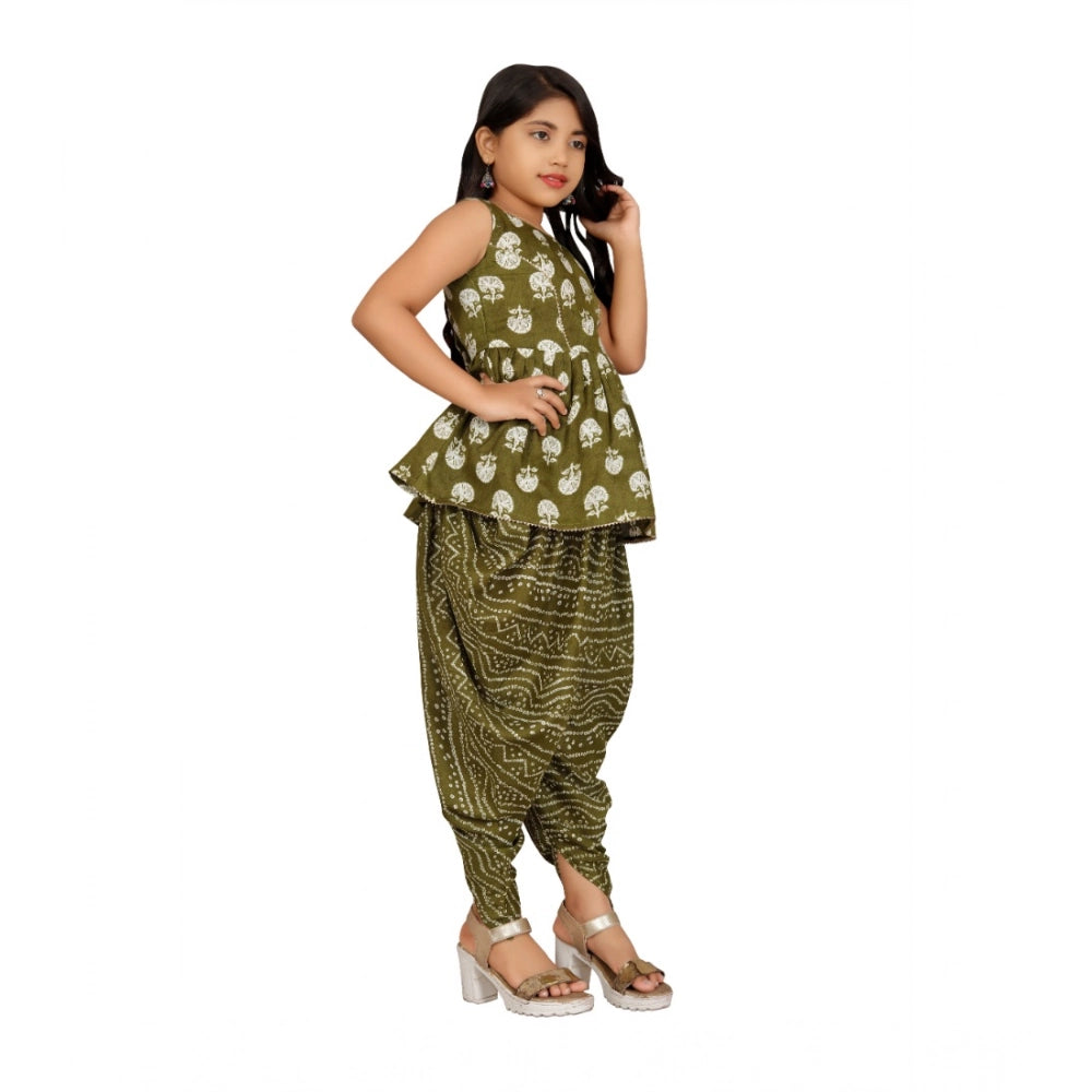 Green cotton rayon printed top & dhoti with dupatta set - sleeveless round neck traditional Indian wear for girls