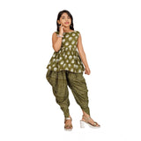 Green cotton rayon printed girl's top and dhoti set with dupatta, sleeveless round neck design