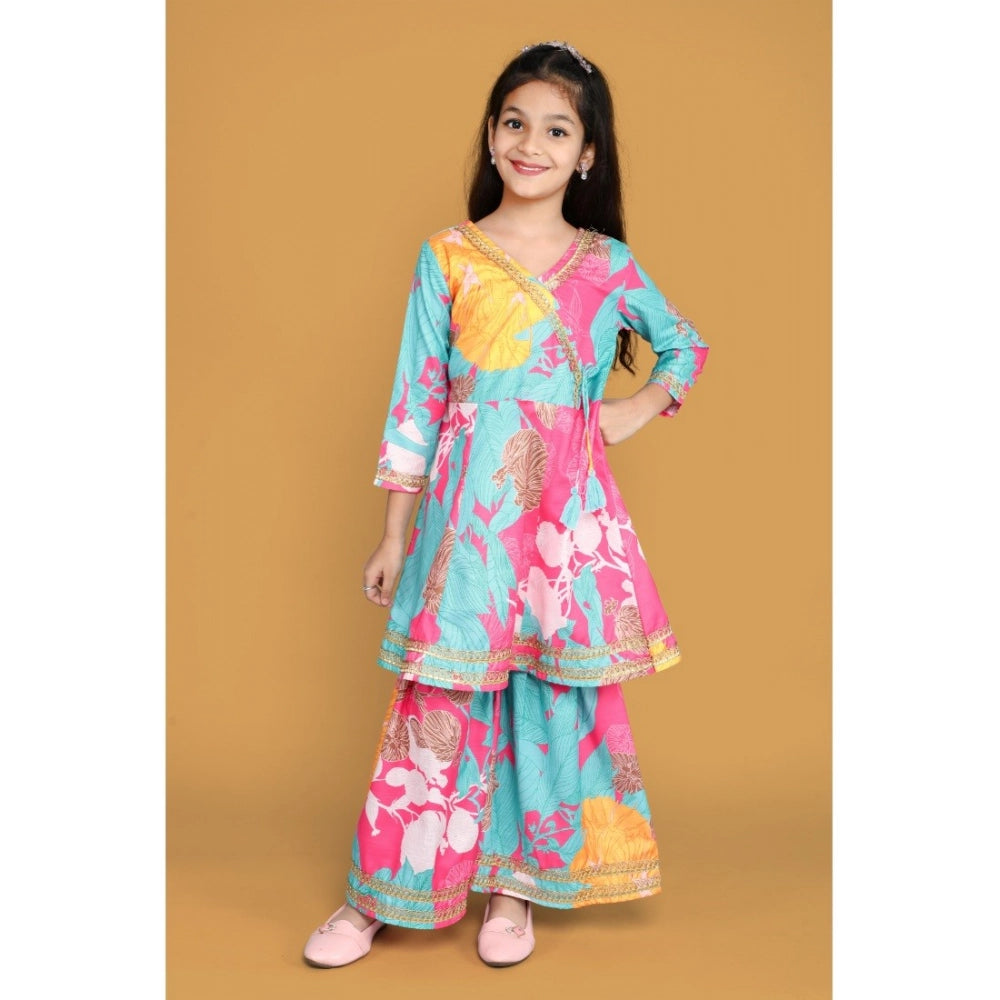 Multi-colored rayon printed codding lace Anarkali-style girl's suit, 3/4 sleeve with V neck design