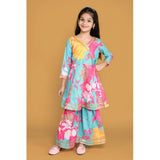 Multi-colored rayon printed codding lace Anarkali-style girl's suit, 3/4 sleeve with V neck design