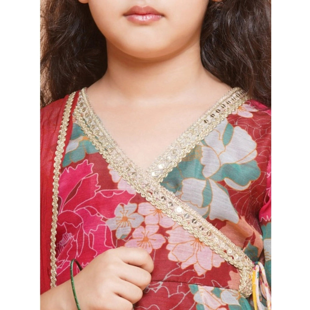 Maroon rayon printed codding lace Anarkali-style suit for girls, vibrant Indian traditional wear with V neck