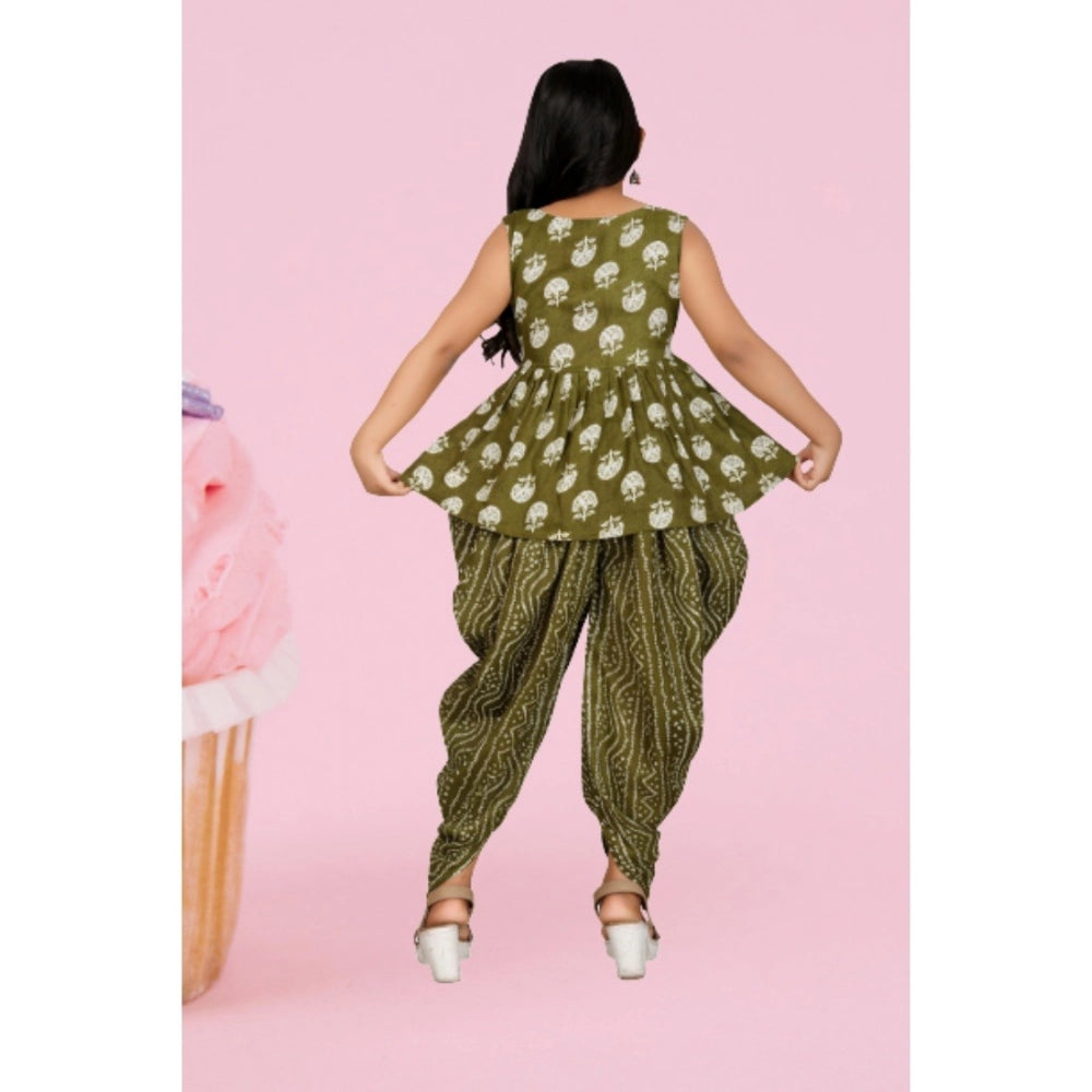 Green cotton rayon printed girl's top & dhoti set with dupatta, sleeveless round neck style