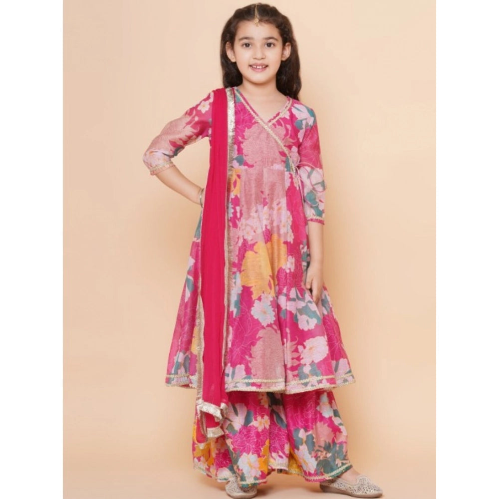 Pink Rayon Anarkali-Style Suit with Codding Lace, 3/4th sleeves, V-neck for girls