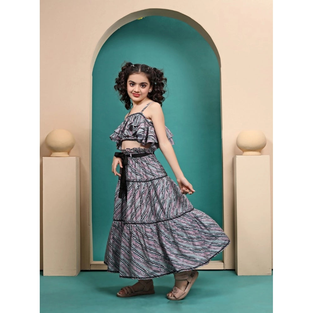 Grey Maslin printed crop top and flared skirt set, sleeveless with round neck, fashionable summer outfit for girls