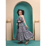 Grey Maslin printed crop top and flared skirt set, sleeveless with round neck, fashionable summer outfit for girls