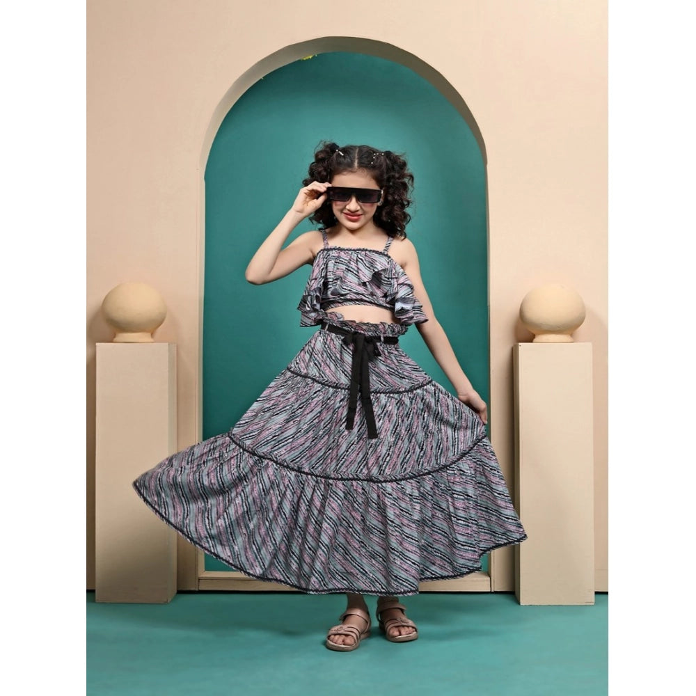 Grey Maslin printed crop top and flared skirt set for girls, sleeveless round neck, vibrant pattern detail