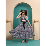 Grey Maslin printed crop top and flared skirt set for girls, sleeveless round neck, vibrant pattern detail