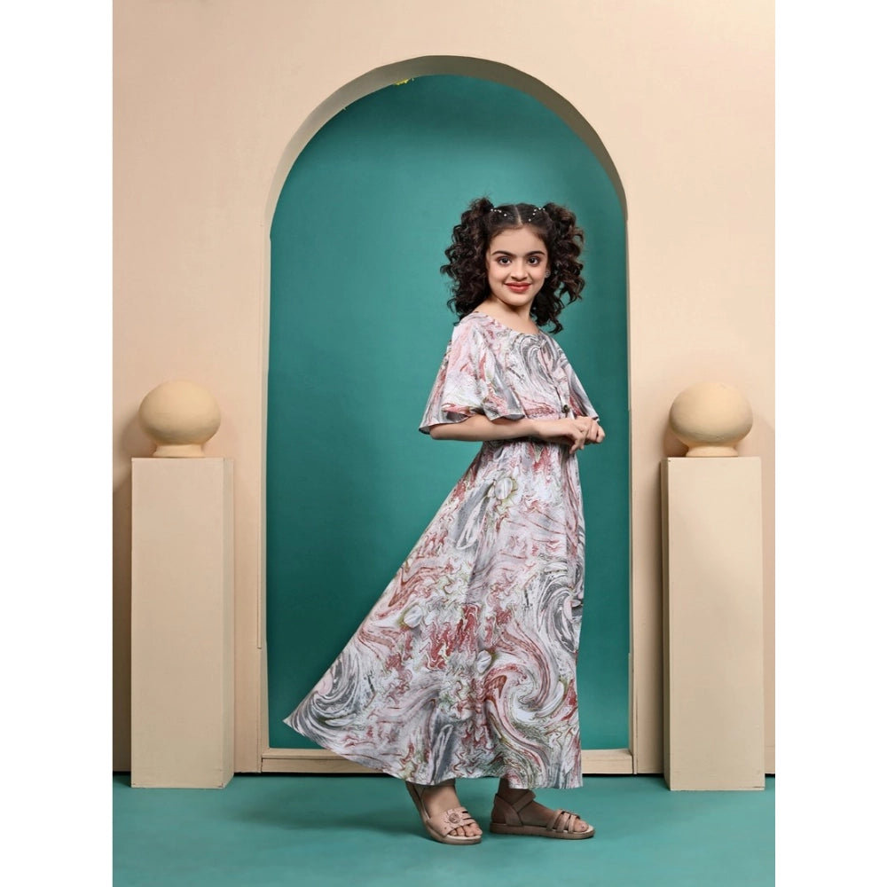 Multi-colored Maslin printed maxi length dress for girls, half sleeve with round neck
