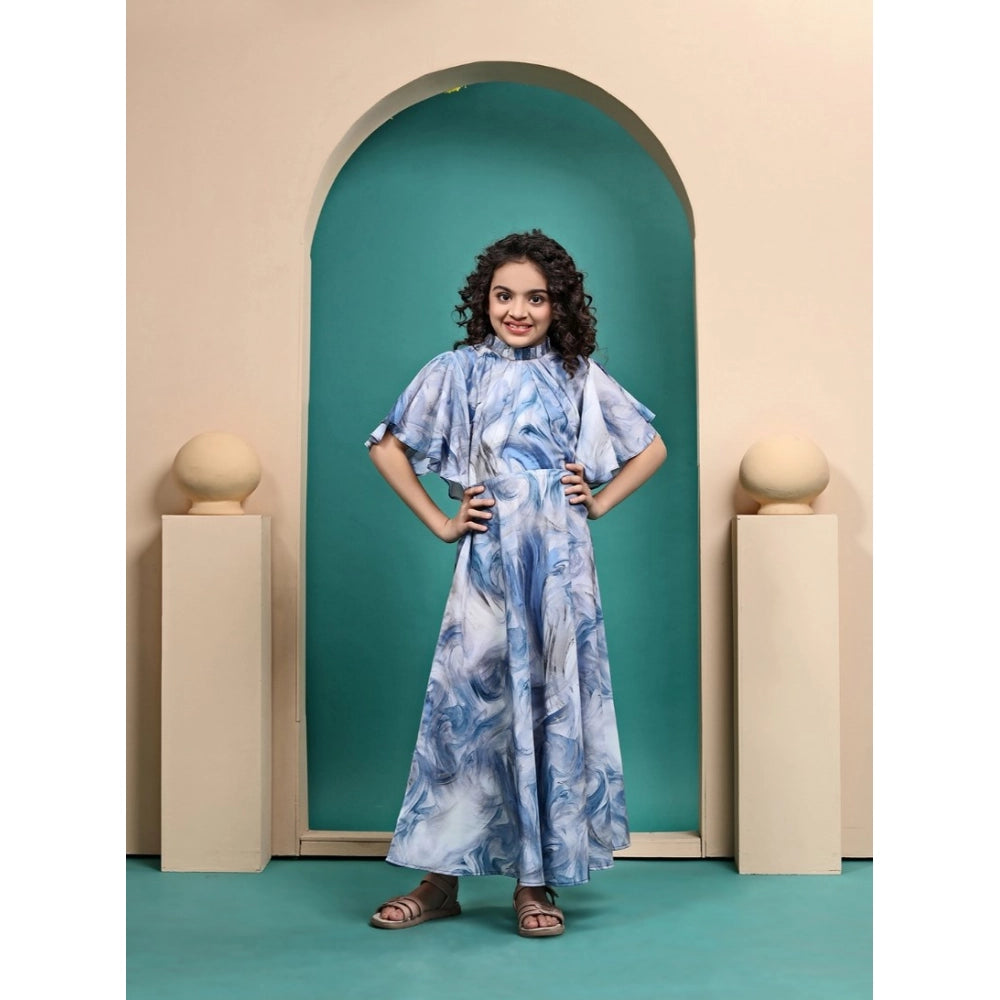 Sky Blue Maslin printed maxi length dress for girls, half sleeve, close neck style