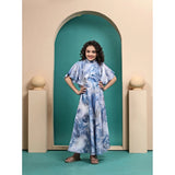 Sky Blue Maslin printed maxi length dress for girls, half sleeve, close neck style