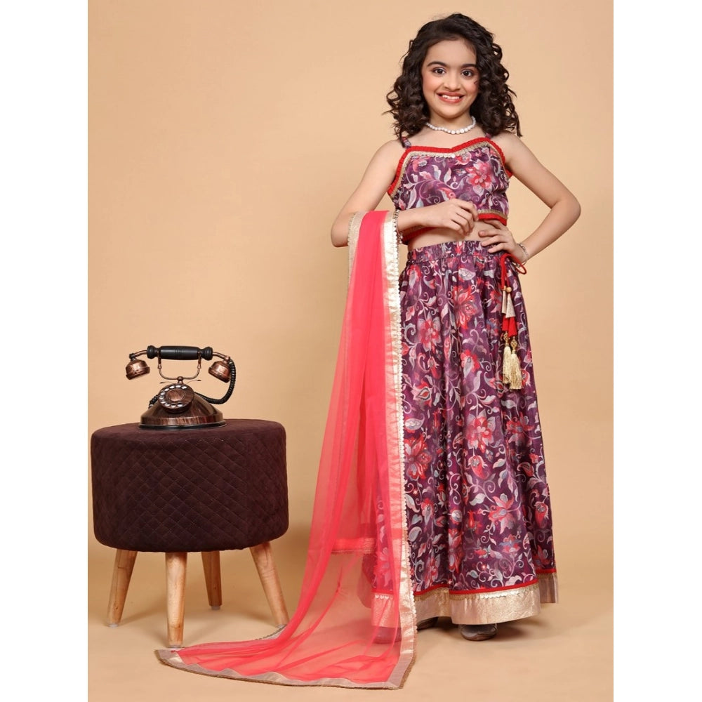 Maroon chiffon printed lehenga-choli set for girls, sleeveless V-neck with vibrant pattern details