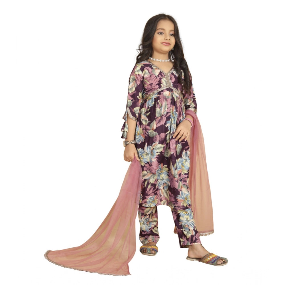 Purple Maslin Embroidery Lace Aliya Cut Top & Bottom Dupatta Set on hanger, intricate lace design and V-neck style