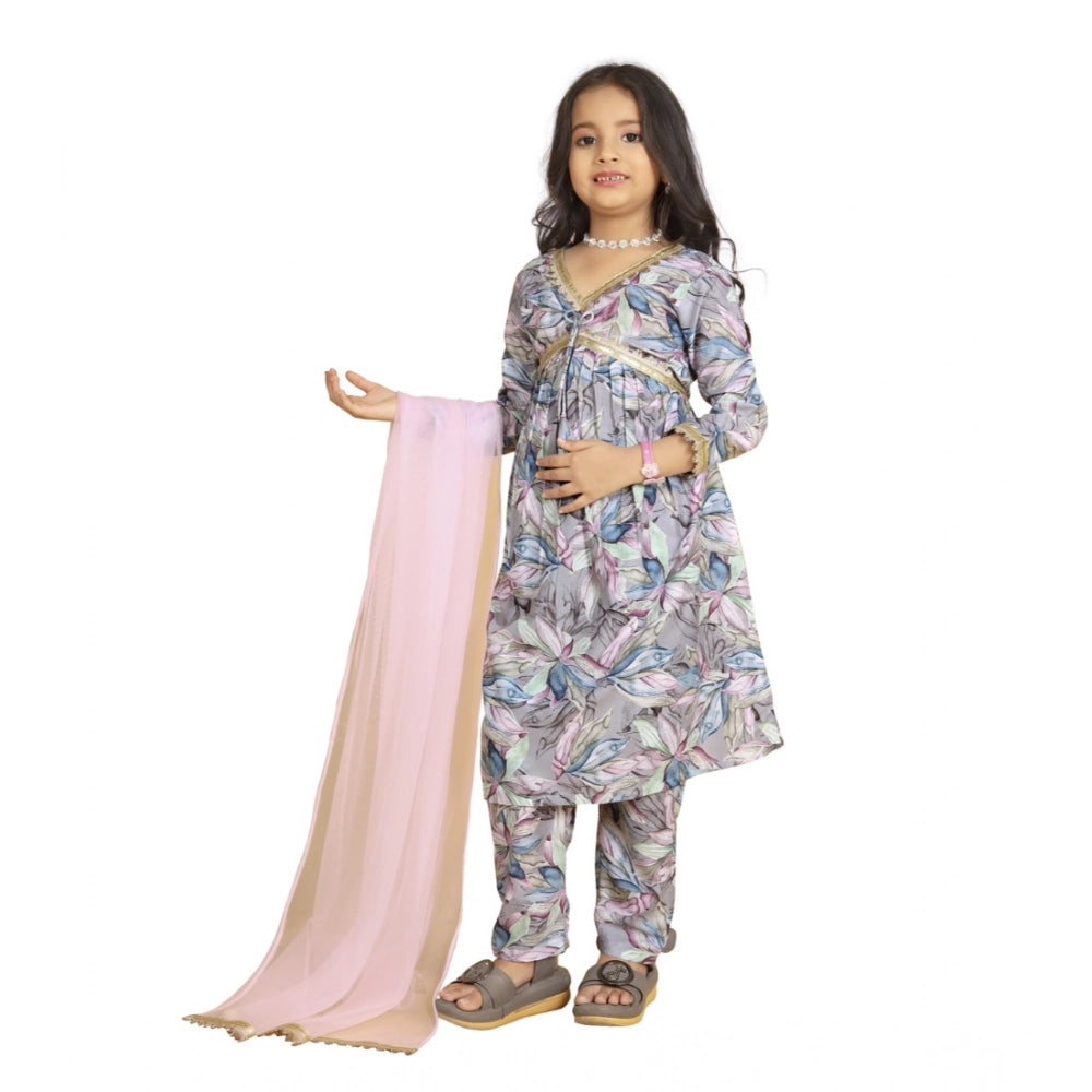 Grey Maslin Embroidery Lace Aliya Cut Top & Dupatta Set, intricate lace detailing on traditional Indian fashion
