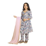 Grey Maslin Embroidery Lace Aliya Cut Top & Dupatta Set, intricate lace detailing on traditional Indian fashion