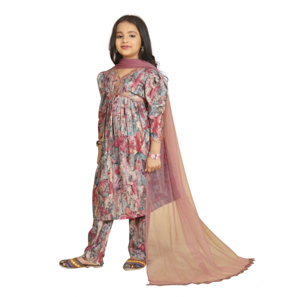 Multicolor Maslin Embroidery Lace Aliya Cut Top & Dupatta Set - Traditional Indian girl's attire with 3-4th sleeve, V-neck design