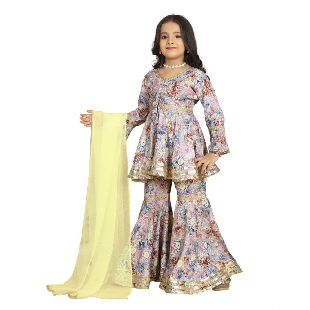 Baby Pink Maslin Embroidery Lace Aliya Cut Top with Sharara Dupatta Set, 3-4th sleeve V-neck design for girls