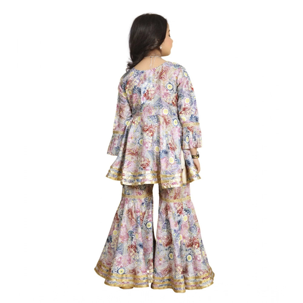 Baby Pink Maslin Embroidery Lace Aliya Cut Top with Sharara Dupatta Set, traditional Indian outfit for girls with 3-4th sleeve V neck and embroidered lace details