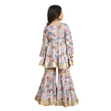 Baby Pink Maslin Embroidery Lace Aliya Cut Top with Sharara Dupatta Set, traditional Indian outfit for girls with 3-4th sleeve V neck and embroidered lace details