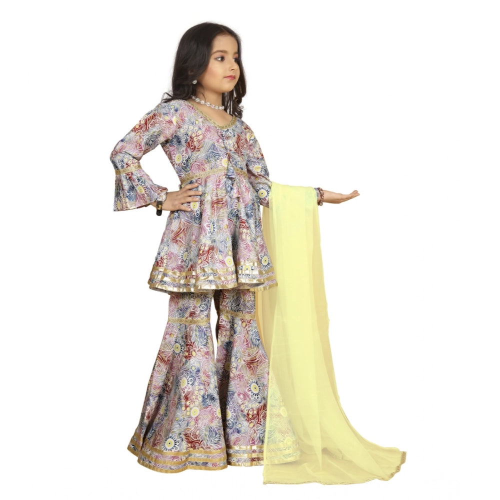 Baby Pink Maslin Embroidery Lace Aliya Cut Top with Sharara Dupatta Set, 3-4th sleeve V-neck traditional Indian attire