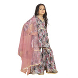 Pink Maslin Embroidery Lace Aliya Cut Top with Sharara Dupatta Set, 3-4th sleeve V neck style for girls fashion
