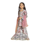 Pink Maslin Embroidery Lace Aliya Cut Top with Sharara Dupatta Set, 3-4th sleeve, V neck design for traditional Indian wear
