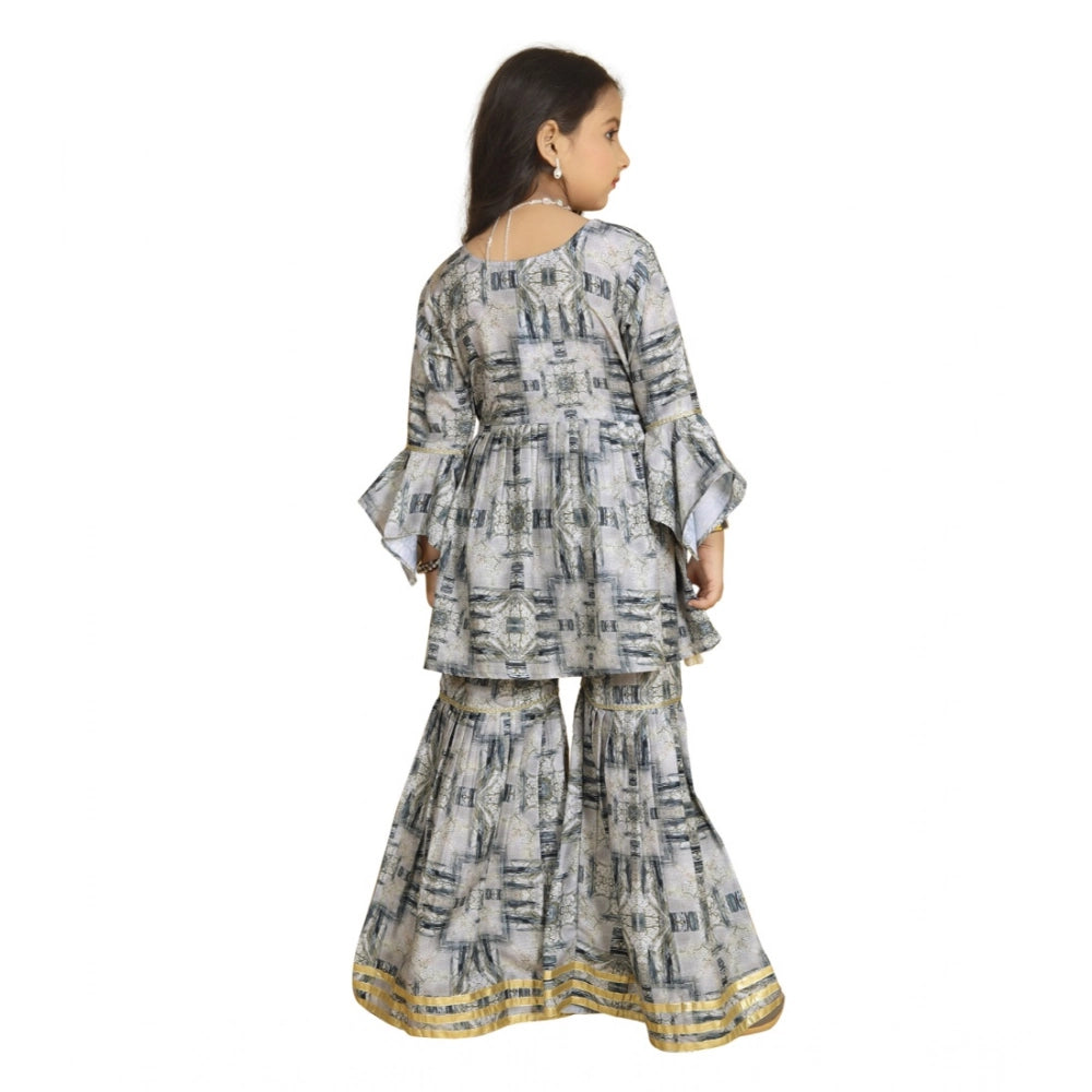 Grey Maslin Embroidery Lace Aliya Cut Top with Sharara Dupatta Set - V-neck, 3/4th sleeve, intricate lace design for traditional Indian clothing on display