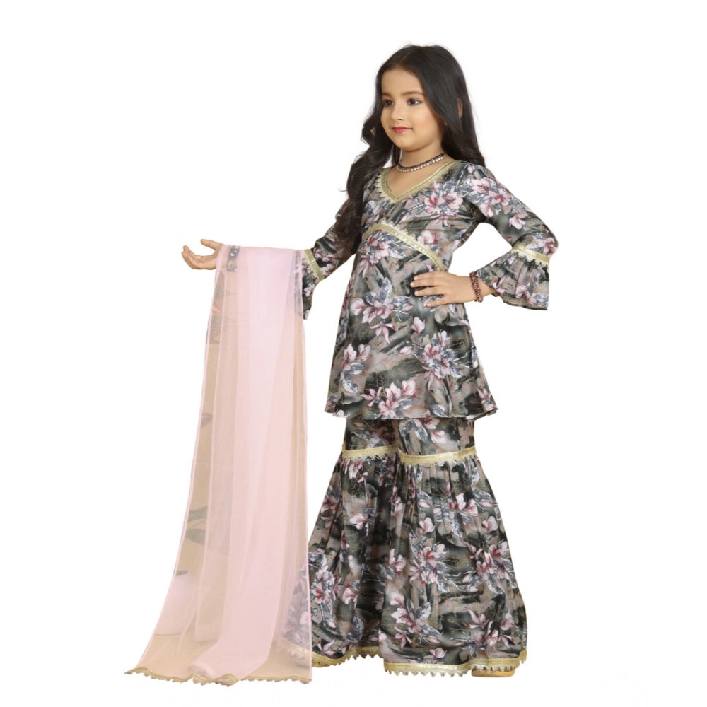 Grey Pink Maslin Embroidery Lace Aliya Cut Top with Sharara Dupatta Set - V-neck, 3/4 sleeve style for girls