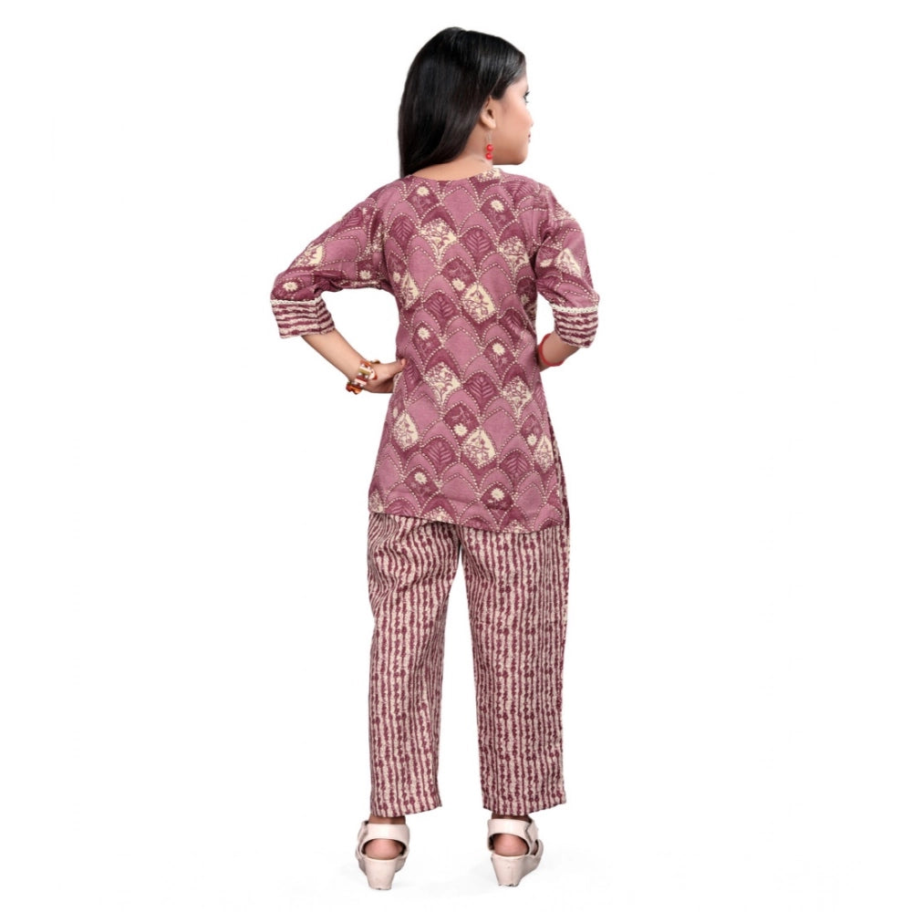 Purple cotton printed girls' top & bottom set, 3/4 sleeve, round neck, stylish fashion for kids