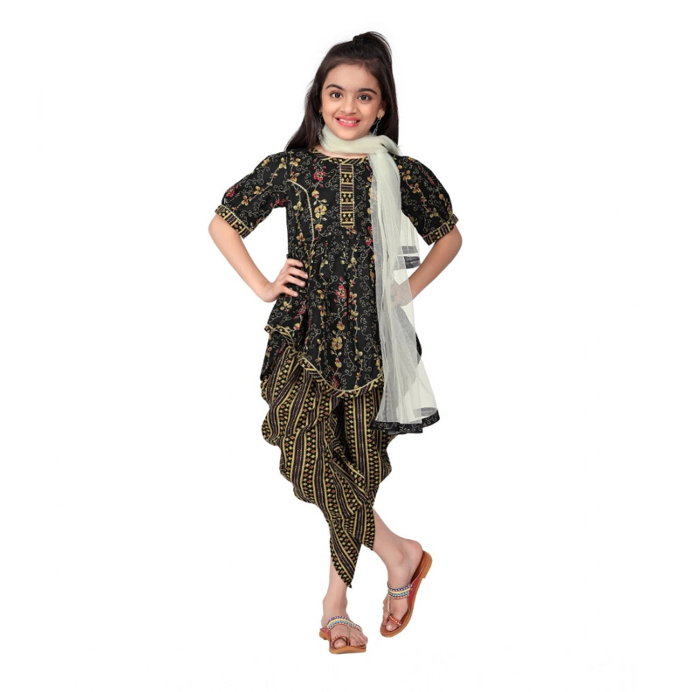 Black cotton printed kurti set with dhoti dupatta, half sleeve, round neck, traditional Indian attire for girls
