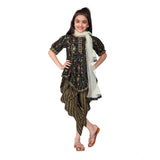 Black cotton printed kurti set with dhoti dupatta, half sleeve, round neck, traditional Indian attire for girls