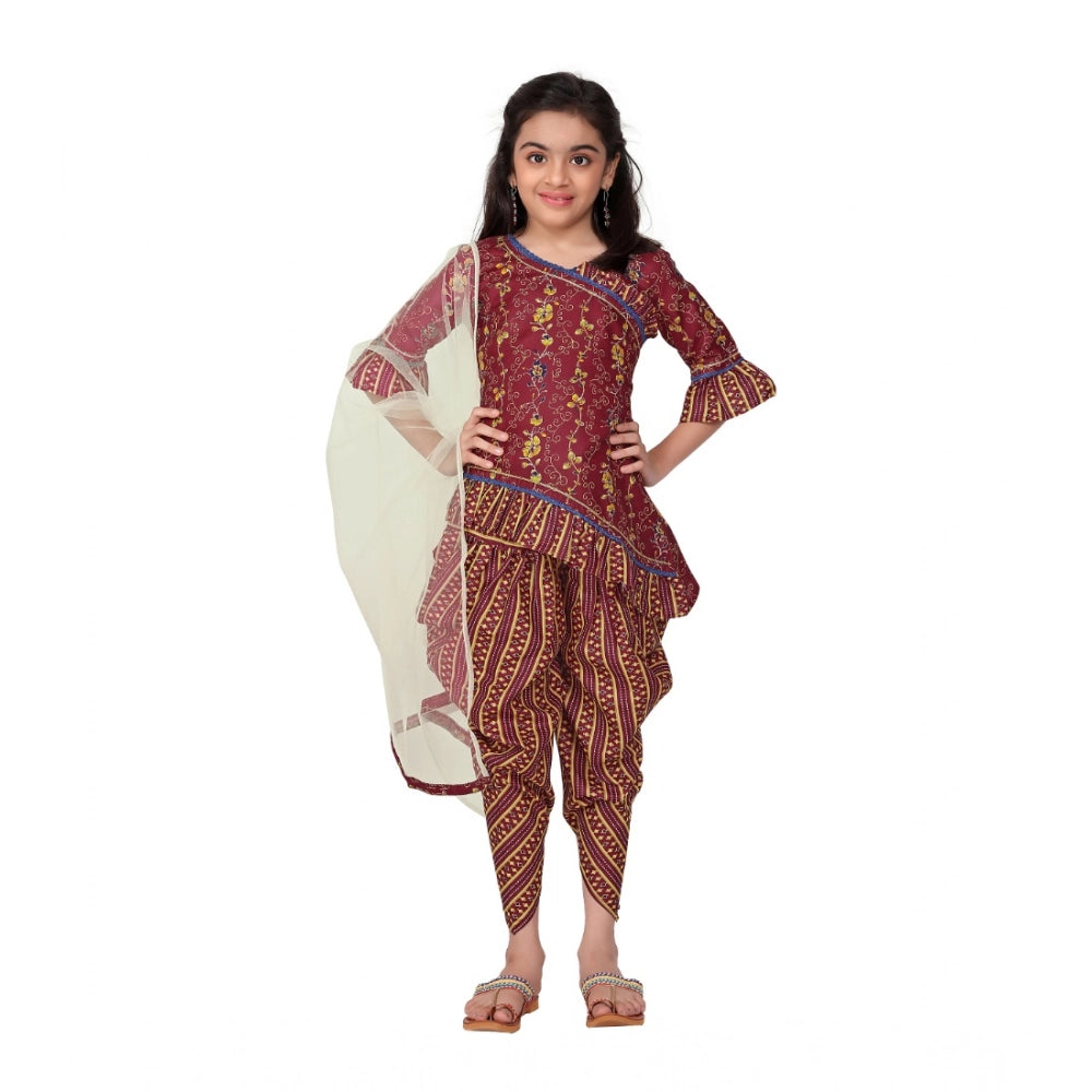 Maroon cotton printed kurti with dhoti dupatta set, 3/4th sleeve round neck, vibrant Indian ethnic wear