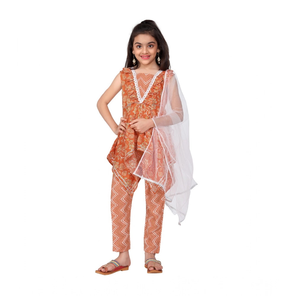 Orange cotton printed kurti set with bottom dupatta, sleeveless v-neck style for girls