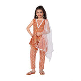 Orange cotton printed kurti set with bottom dupatta, sleeveless v-neck style for girls